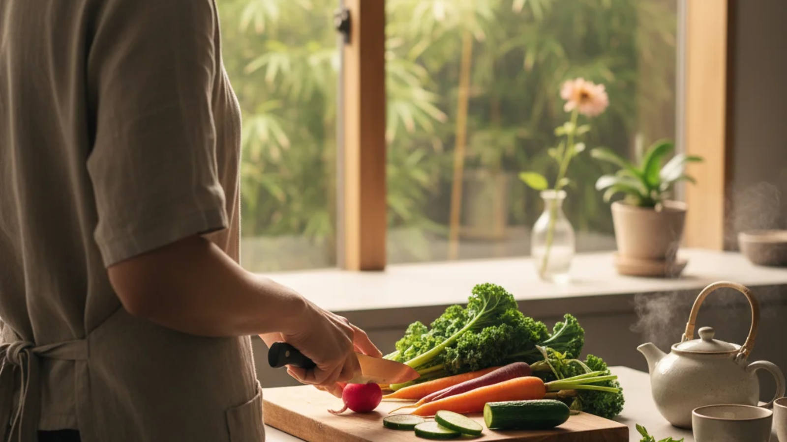 A minimalist table setting inspired by Soutaipasu, featuring seasonal food, natural textures, and balanced design that reflect mindfulness and simplicity.