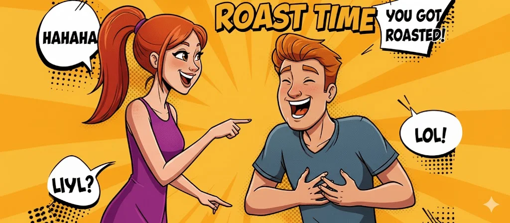 Cartoon of two friends laughing, representing good roasts and comebacks in a fun 'Roast Time' scene