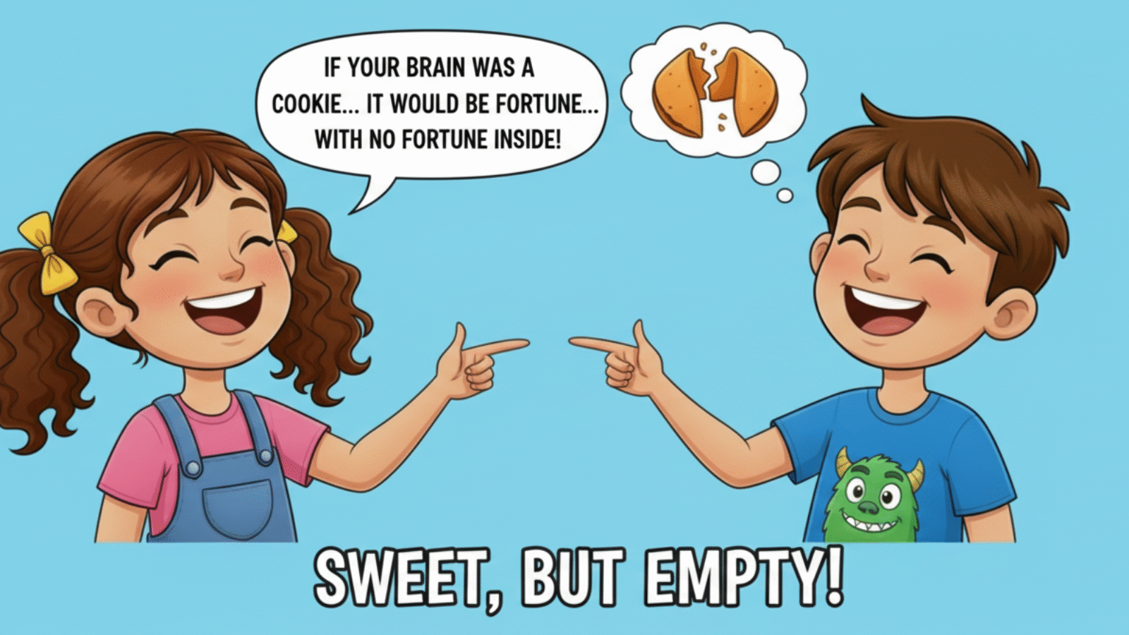 Cartoon of smiling children sharing jokes and laughing together, showing fun and friendly roasts for kids with creative good roasts ideas.