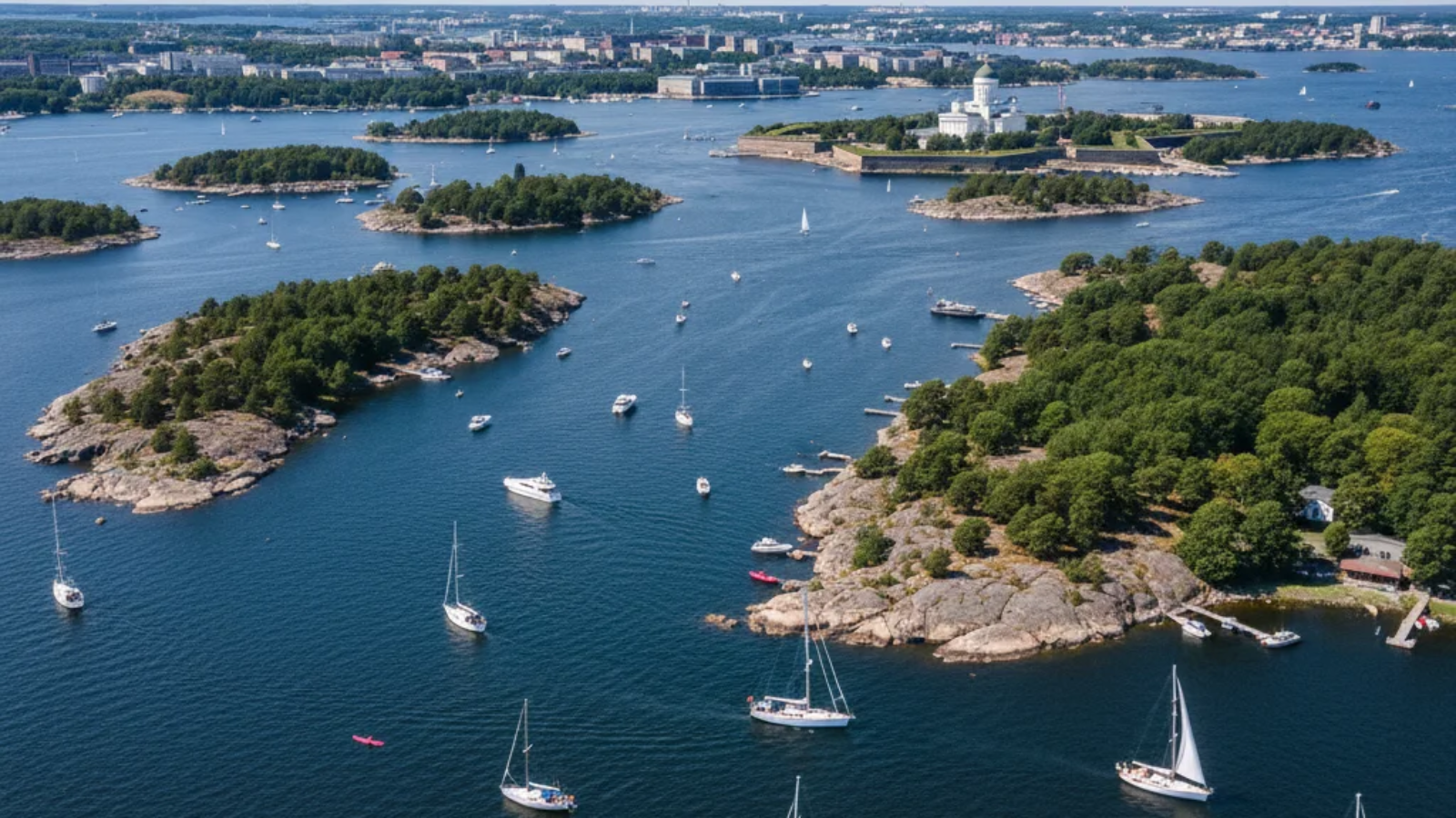 A serene veneajelu on a Finnish lake, showing people enjoying a peaceful boat ride surrounded by lush forests and calm water.