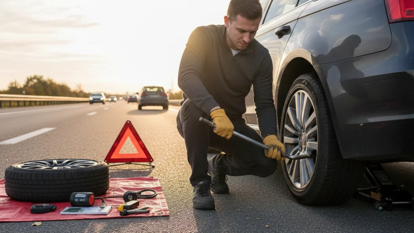 A driver demonstrating how to change a tire using a jack and wrench on the side of the road.
