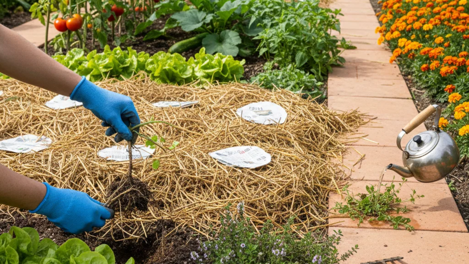 Hand pulling weeds in a garden bed showing how to get rid of weeds naturally