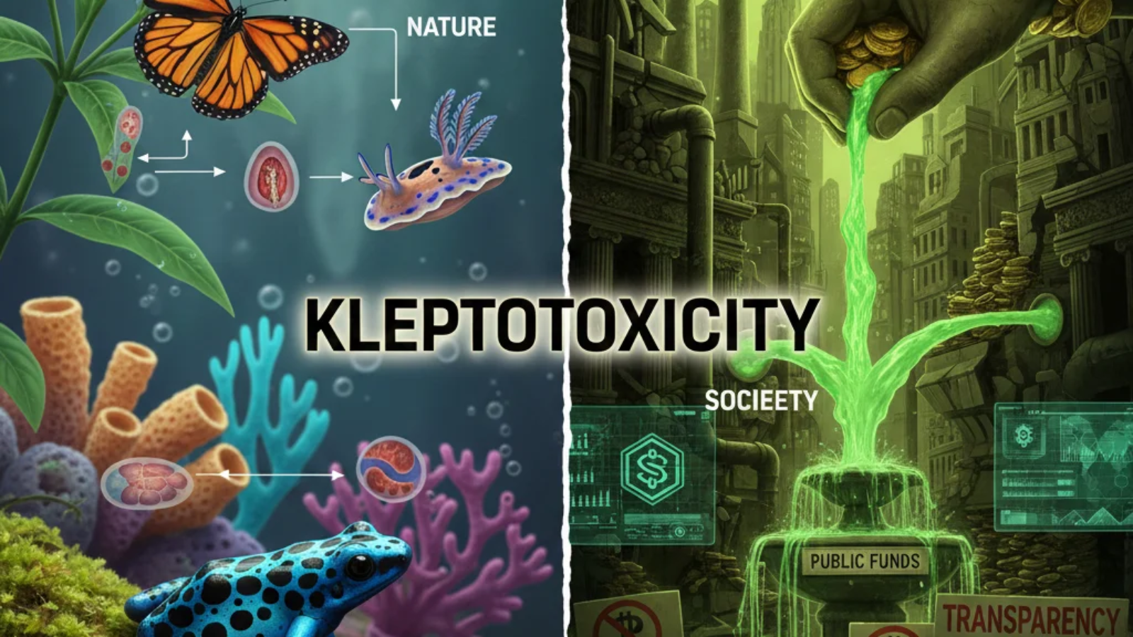 Illustration showing how Kleptotoxicity works in nature and society, highlighting toxin-stealing animals and corruption as a hidden social poison