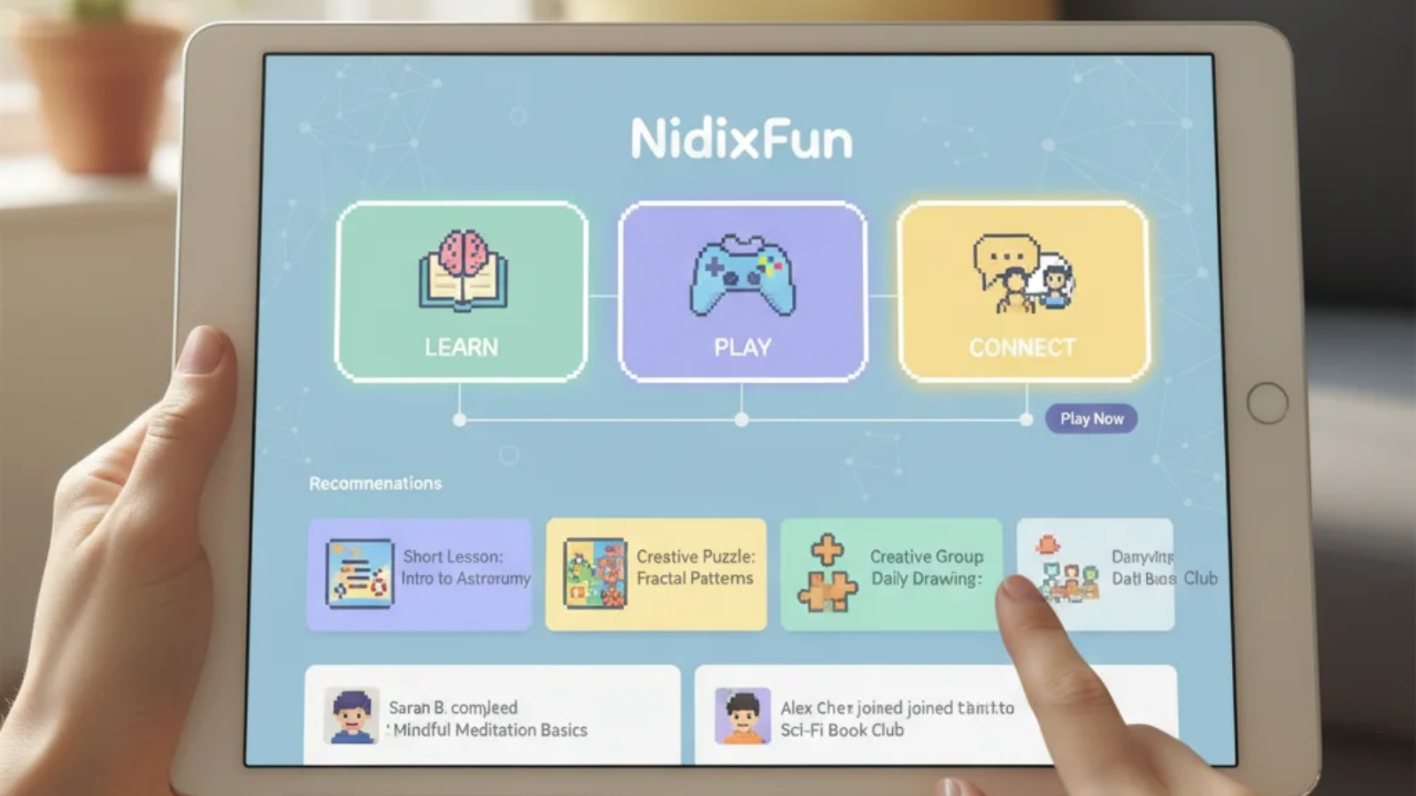 Nidixfun platform interface showing learning, games, and community features