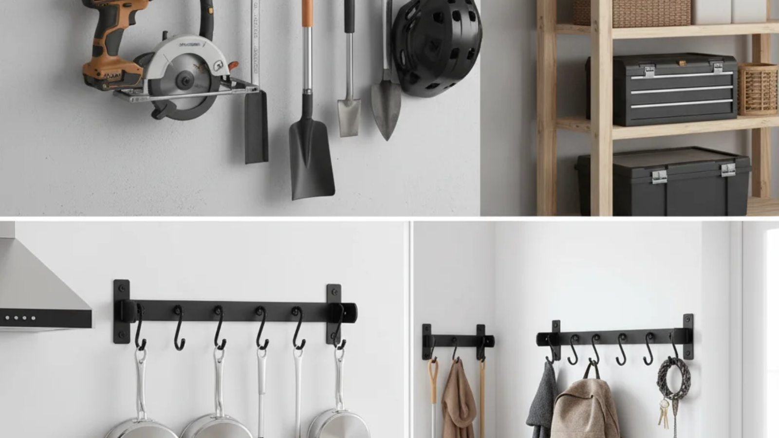 High-quality close-up of the RT69264 Hook Rack mounted on a wall, showing ten heavy-duty steel hooks used for tool and equipment organization.