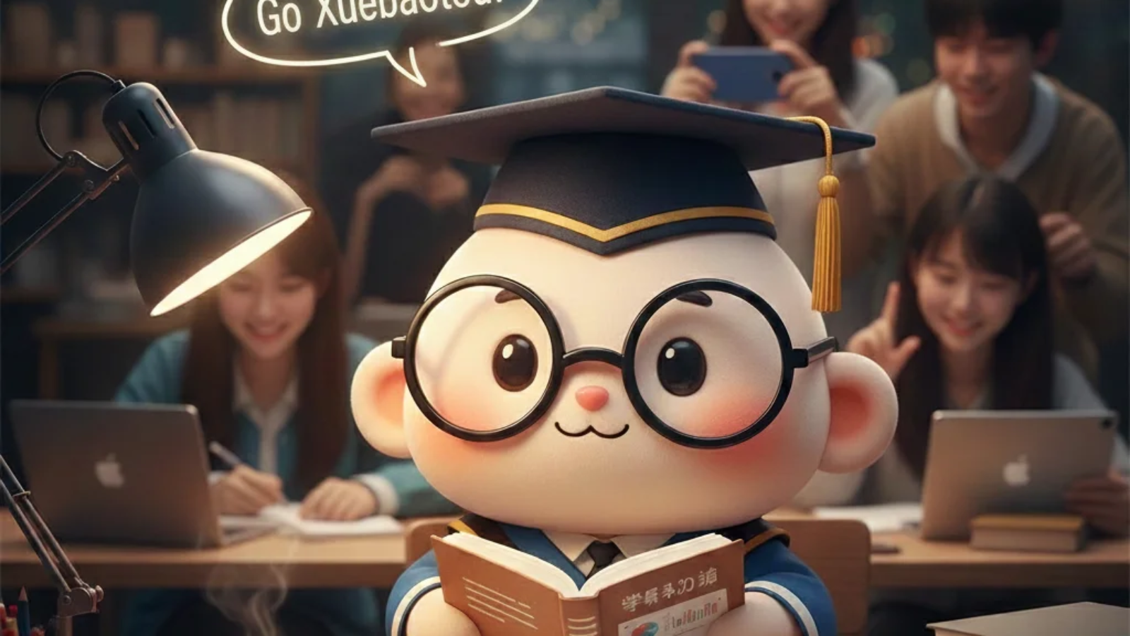 Xuebaotou study mascot character wearing glasses and a graduation cap.