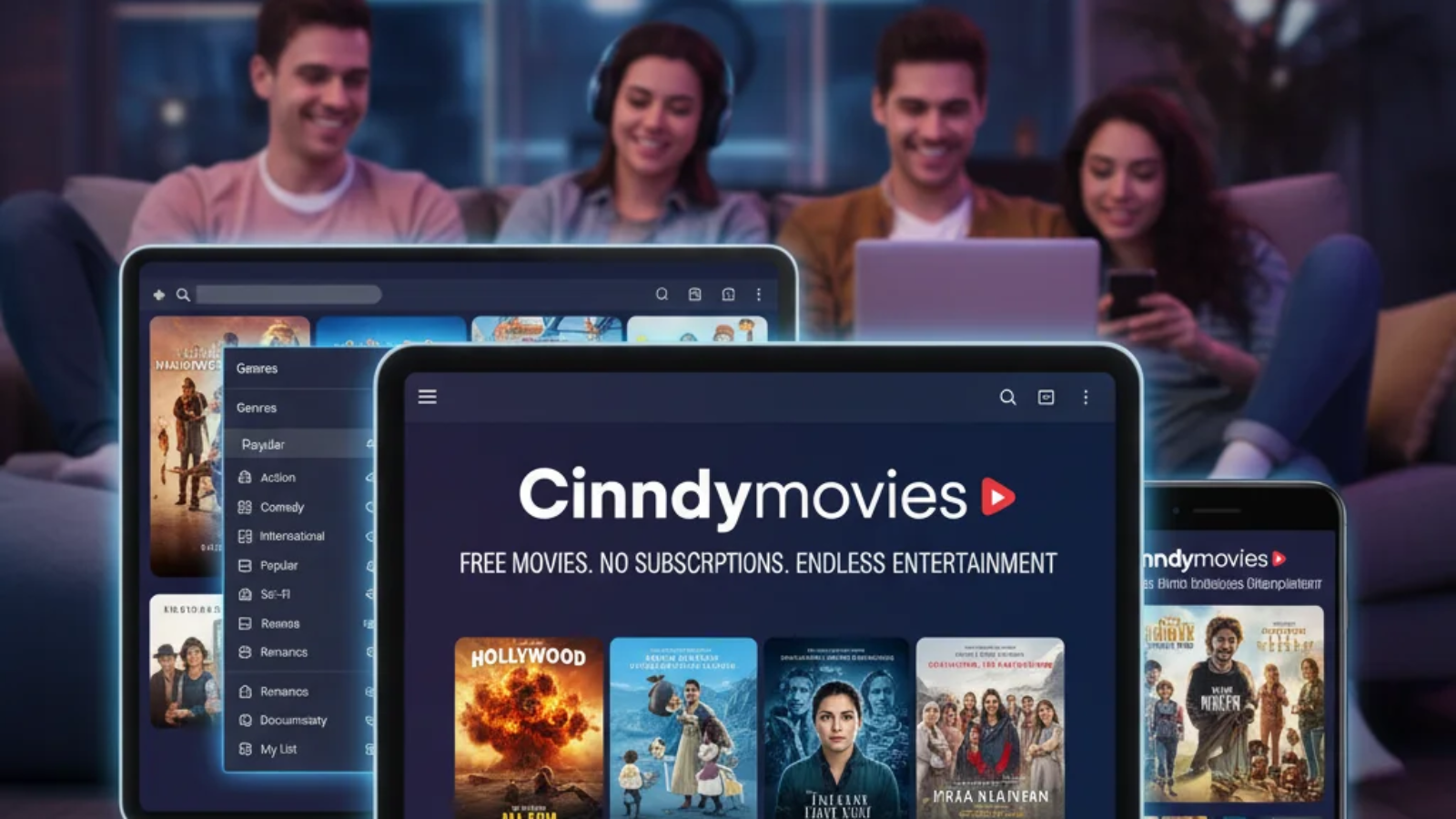 Cinndymovies free streaming platform showing a wide range of movies and TV shows on laptop and smartphone screens