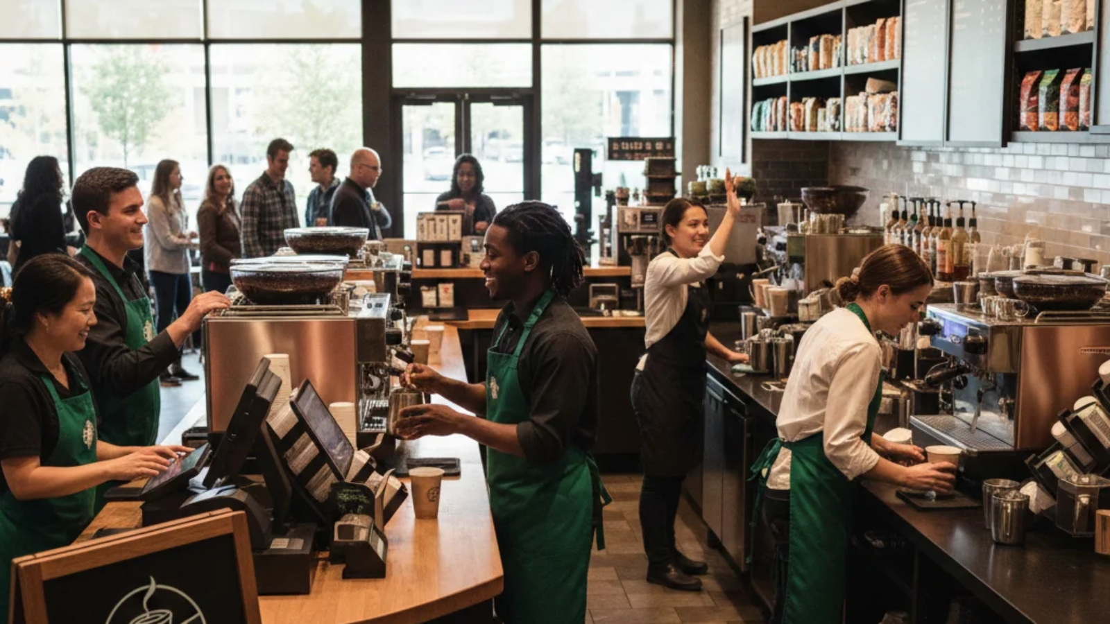 Starbucks Teamworks showing baristas working together to deliver quality service in a Starbucks store