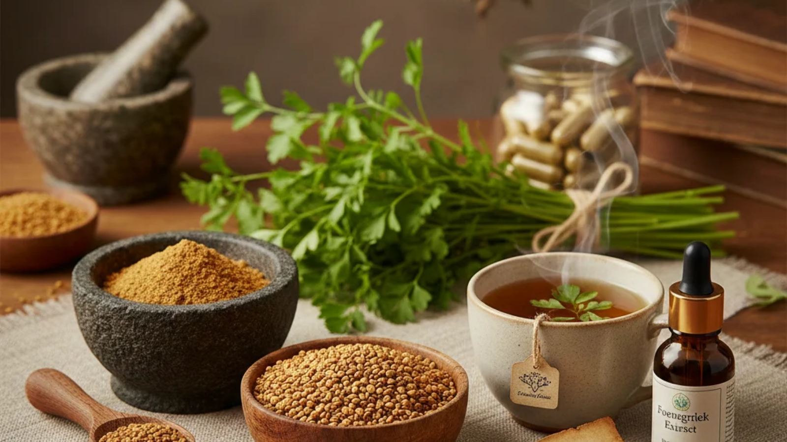 Foenegriek seeds and leaves showing natural texture, color, and traditional herbal appearance