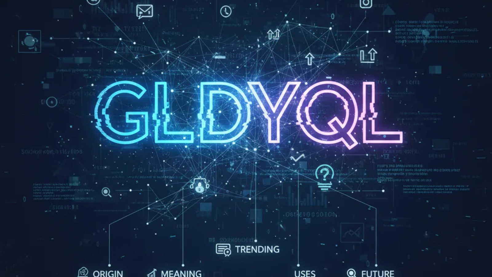 GLDYQL trending online term displayed on a digital screen with social media icons and search results