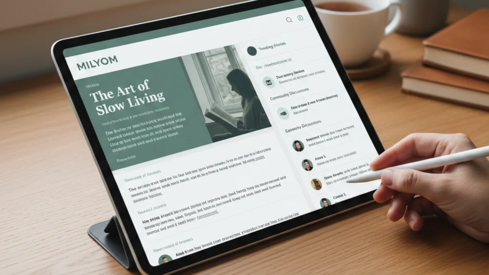 Milyom blogging platform interface showing a clean and simple content layout