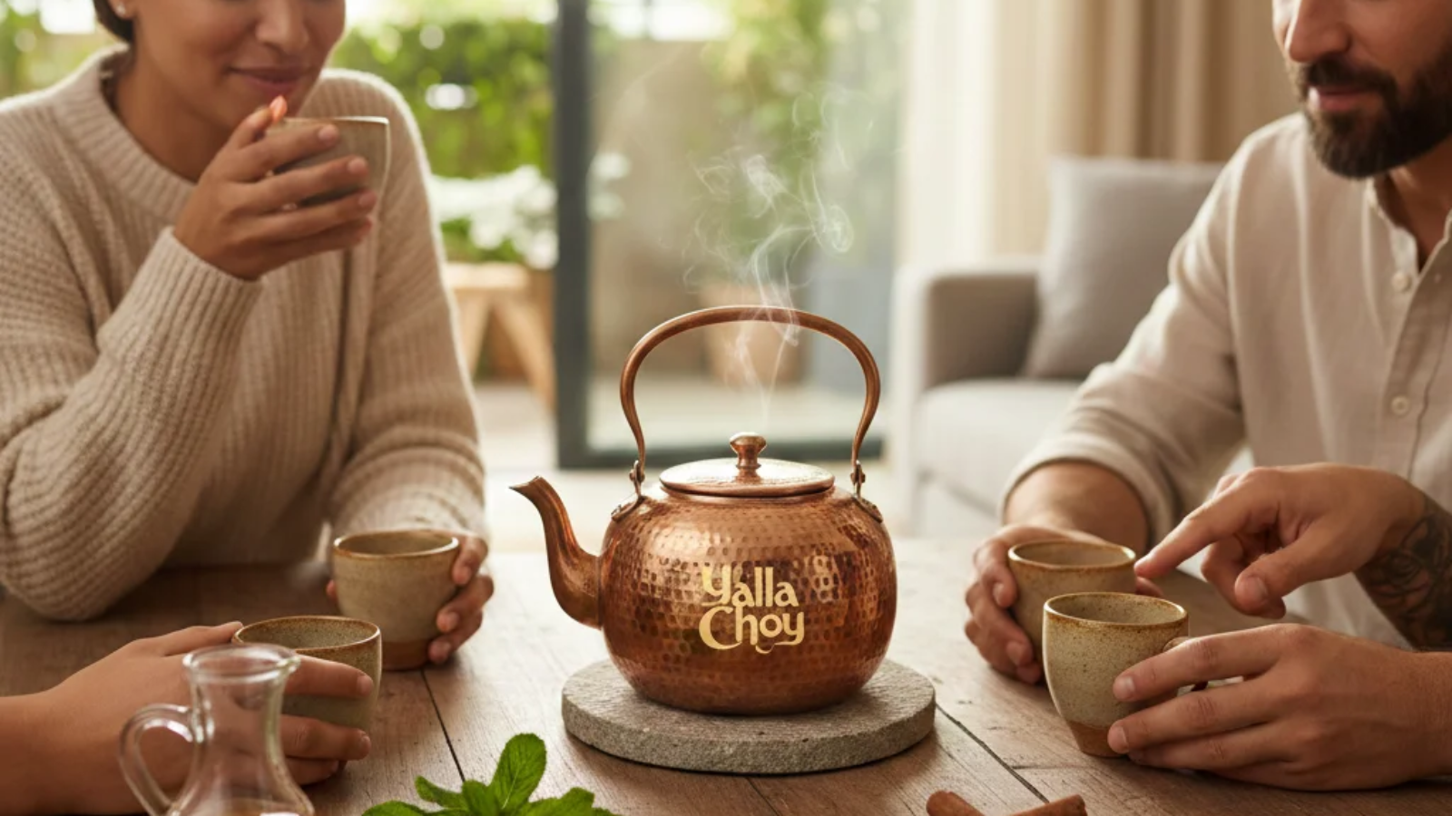 A freshly prepared cup of Yalla Choy served with natural herbs, showcasing the traditional wellness drink.