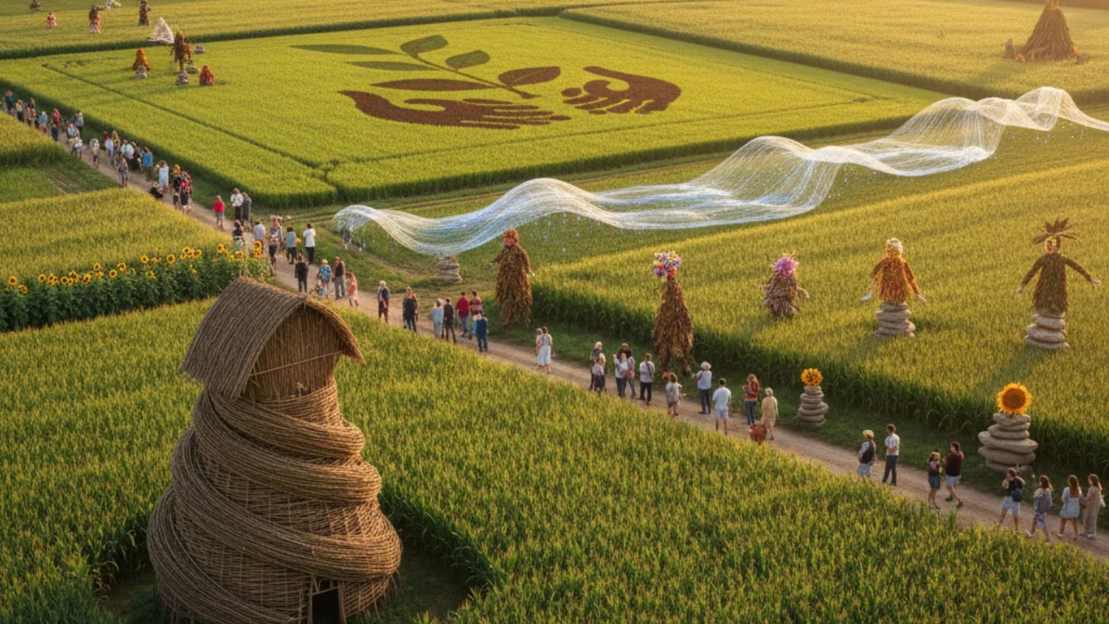 Agricultural field featuring contemporary art installations blending crops with creative sculptures.