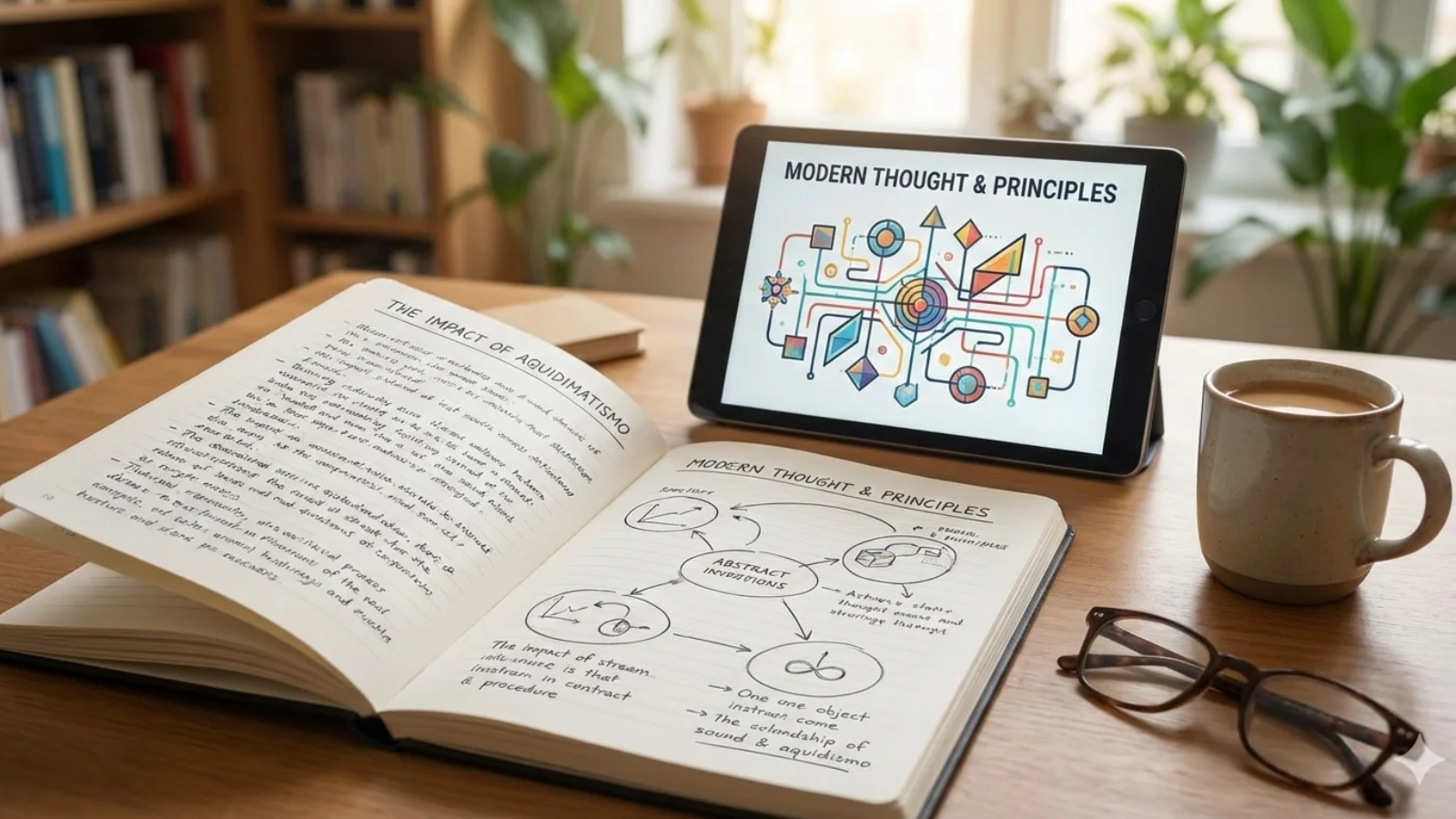 Abstract illustration of interconnected ideas and human silhouettes linked by flowing lines, symbolizing Aquidimatismo’s influence on modern philosophy and collective thought.