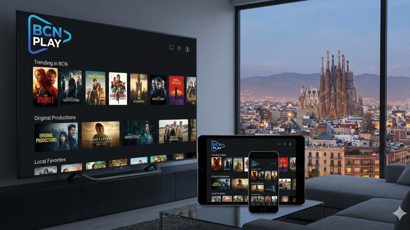 BCN Play interface showing movies and TV shows available for streaming on multiple devices