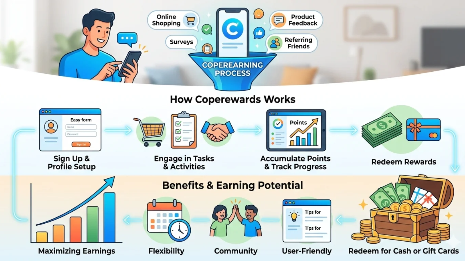 Comprehensive infographic of the Coperewards platform showing the step-by-step process of earning points through online shopping and surveys to redeem for cash and gift cards.