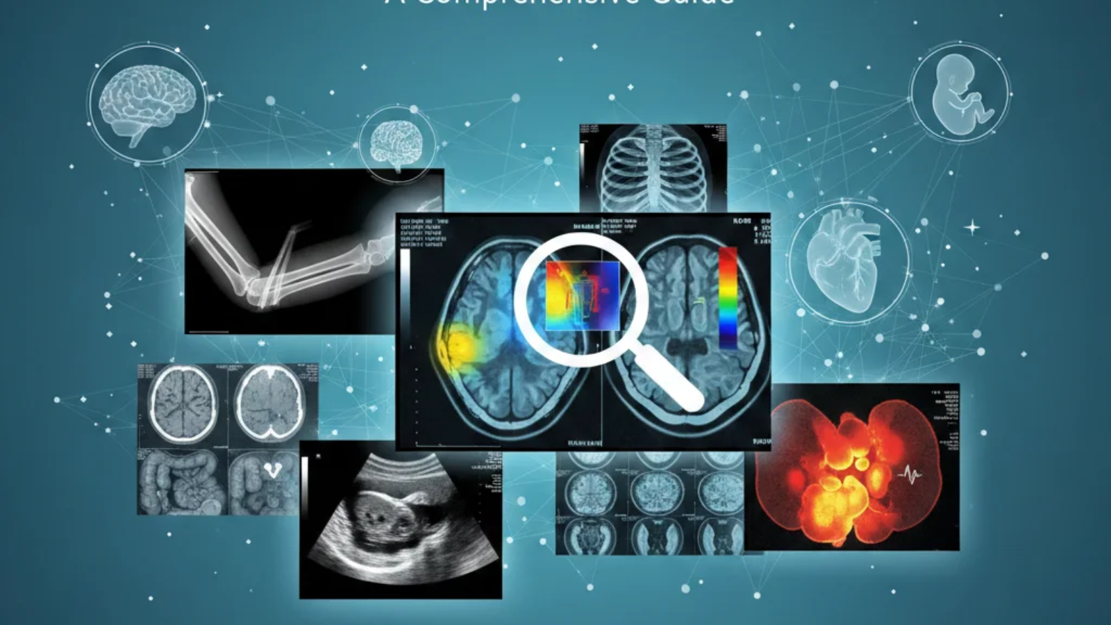 Healthcare professional reviewing diagnostic images on a computer screen, including X-ray and MRI scans, in a modern medical office setting.