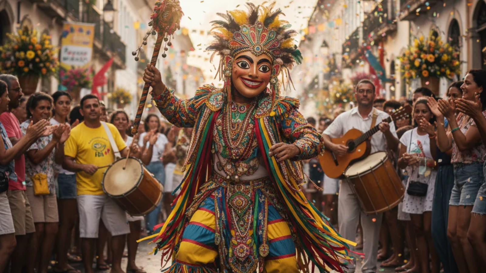 Dubolsinho performers in colorful traditional costumes dancing during a Brazilian cultural festival