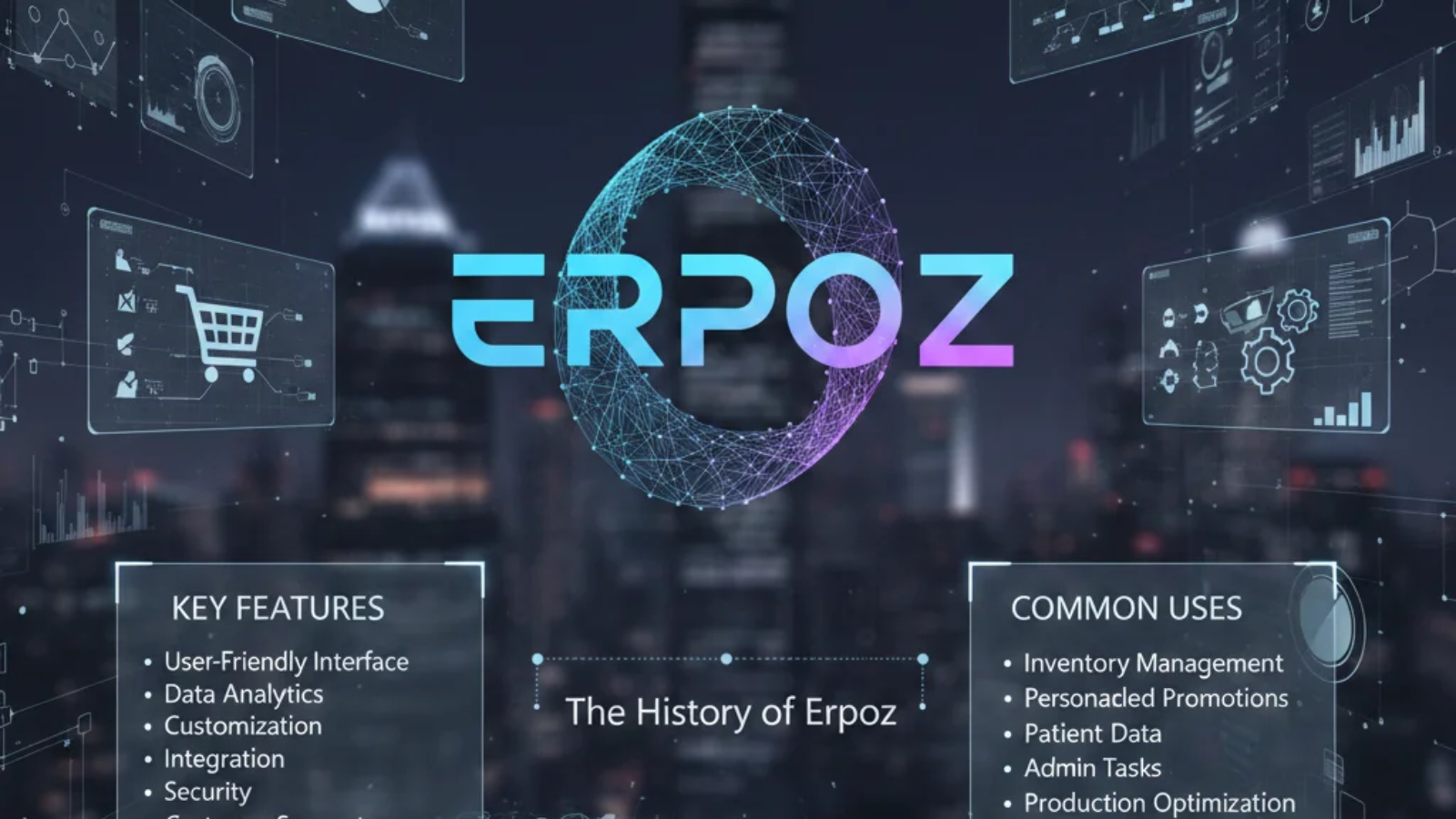 Modern office workspace with professionals collaborating around laptops and digital dashboards, representing the innovative and productivity-focused concept of Erpoz.