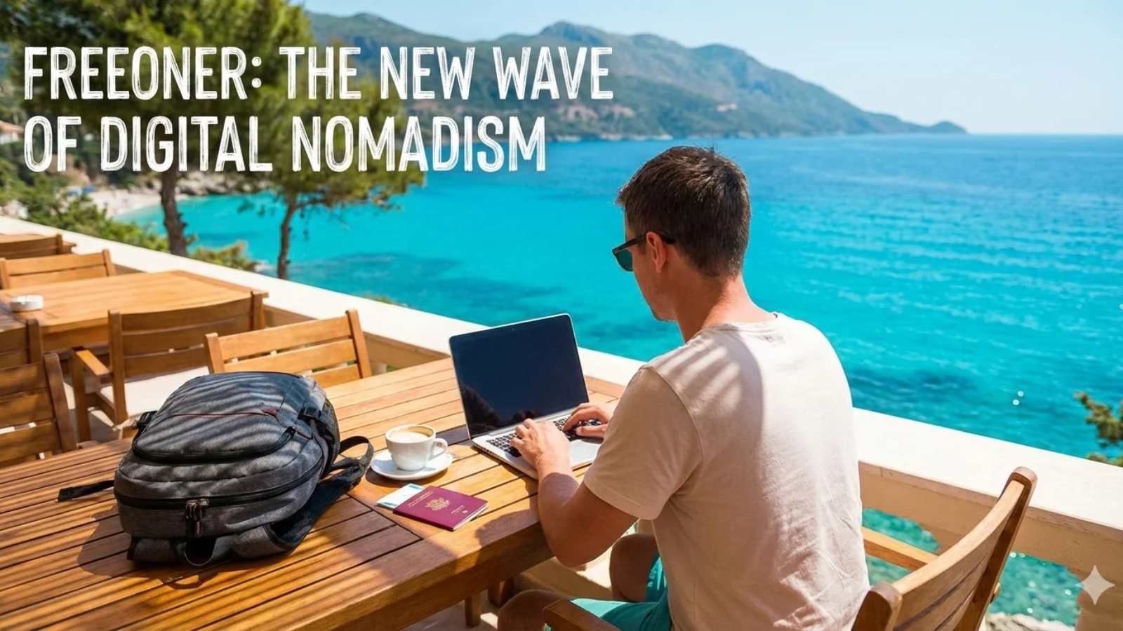 Freeoner working remotely on a laptop while traveling, representing the digital nomad lifestyle.