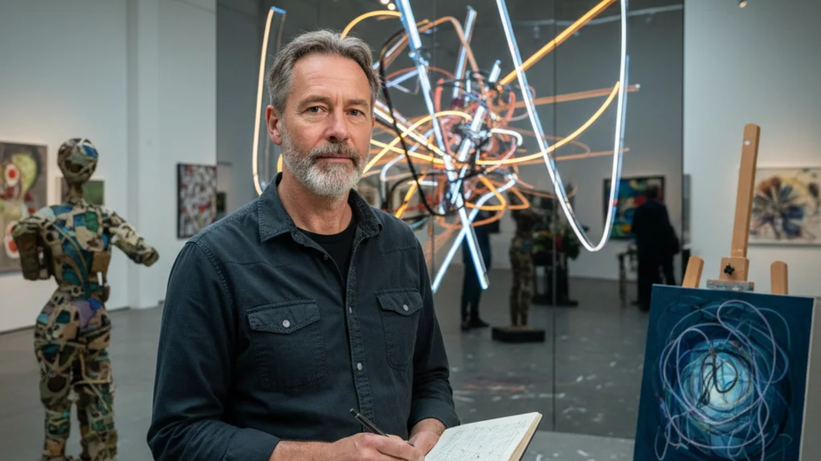 "Jeroen Dik apne art studio mein, haath mein sketchbook liye khaday hain, peechey modern neon art installation aur paintings nazar aa rahi hain."