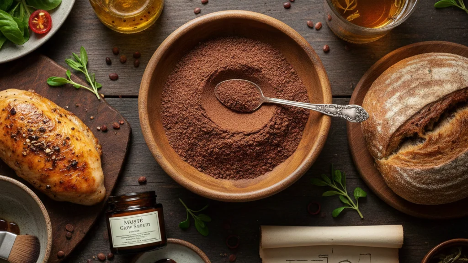 Bowl of Musté powder on a wooden table with fresh plant seeds beside it.
