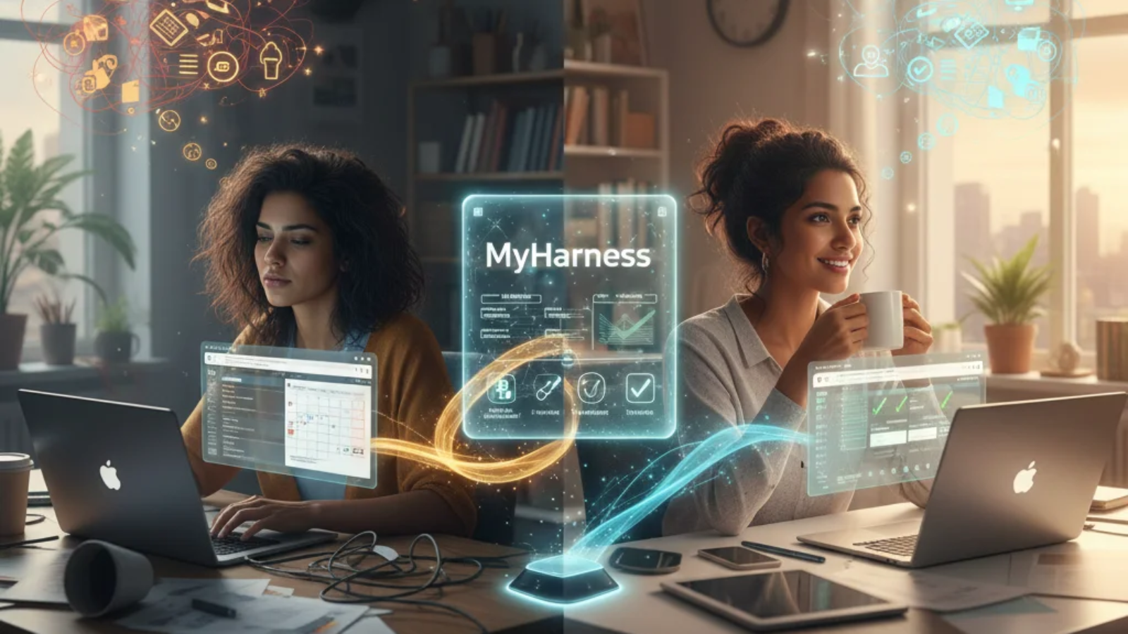 MyHarness app interface showing task management and productivity tools