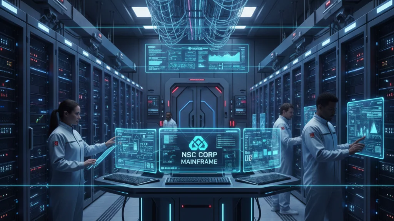 NSC Corp mainframe dashboard displaying system performance metrics and resource usage.