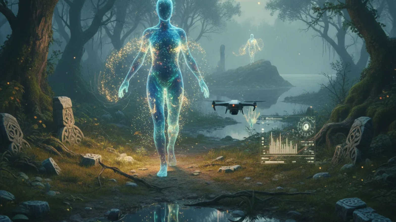 Mysterious glowing figure in a misty forest representing the legend of Nimedes.