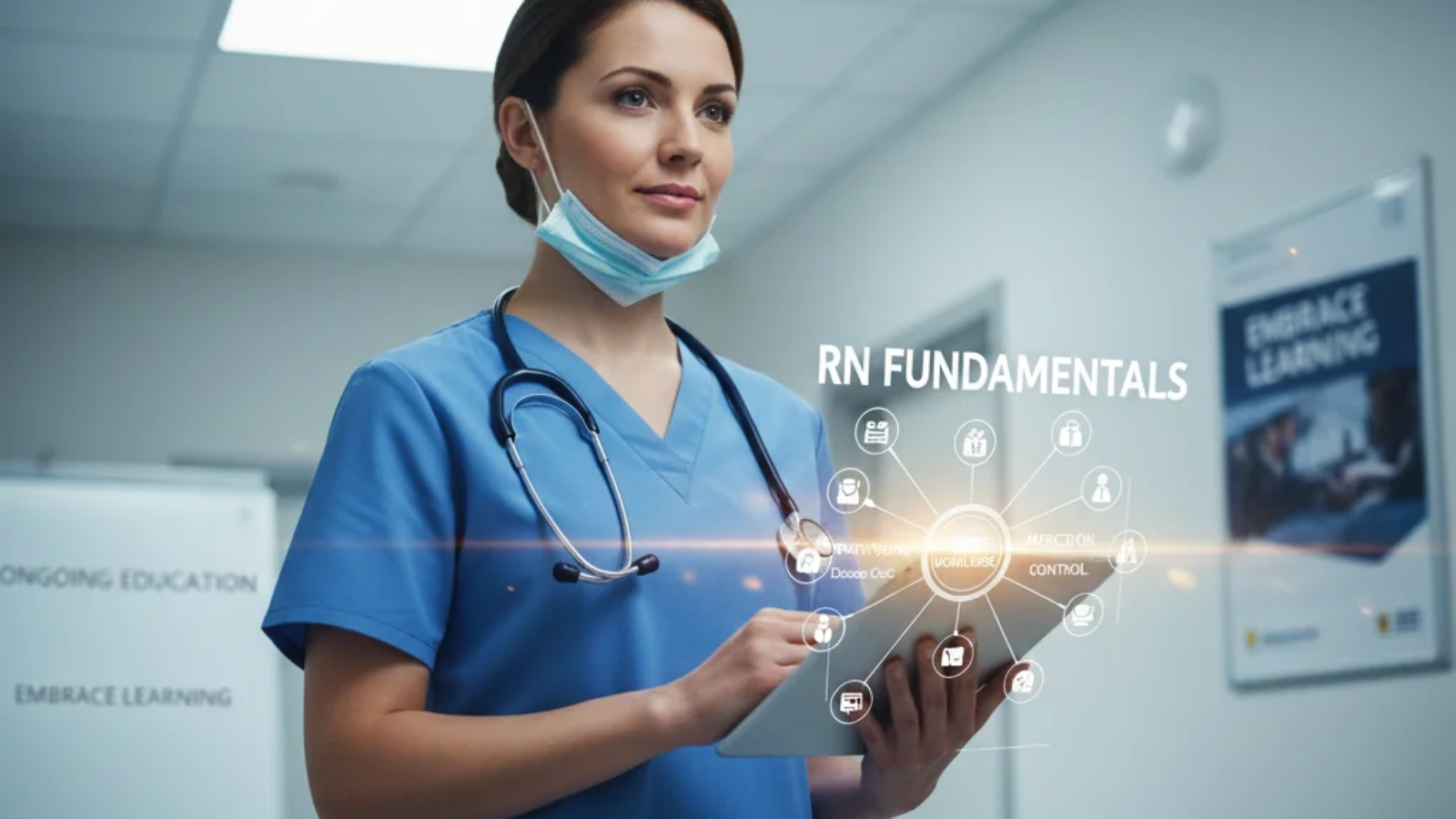 "Registered Nurse studying RN fundamentals with 70 essential questions from 2016 for exam prep and patient care mastery."