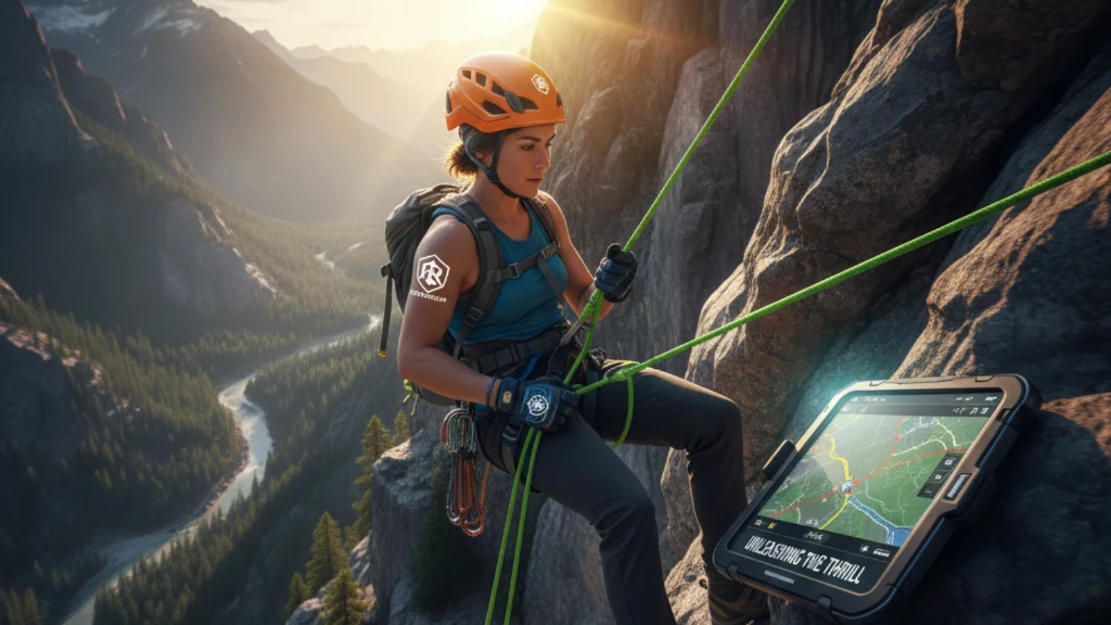 Adventurer rappelling down a rocky cliff with safety gear, surrounded by scenic mountains, capturing the thrill and innovation of Rapelusr outdoor experiences.