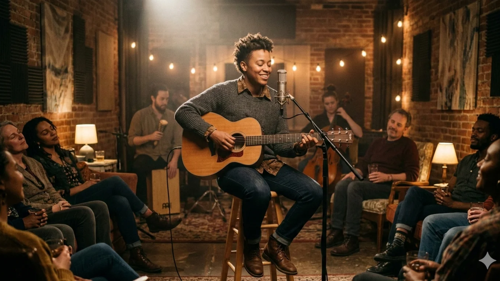 A musical artist, Riahsobadd, performing an intimate acoustic set with a guitar in a warm, brick-walled studio surrounded by a small, engaged audience.