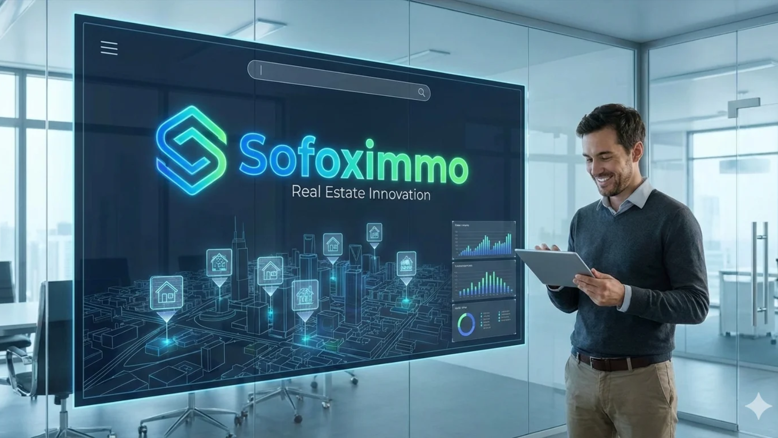 Sofoximmo real estate platform interface showing property listings and analytics