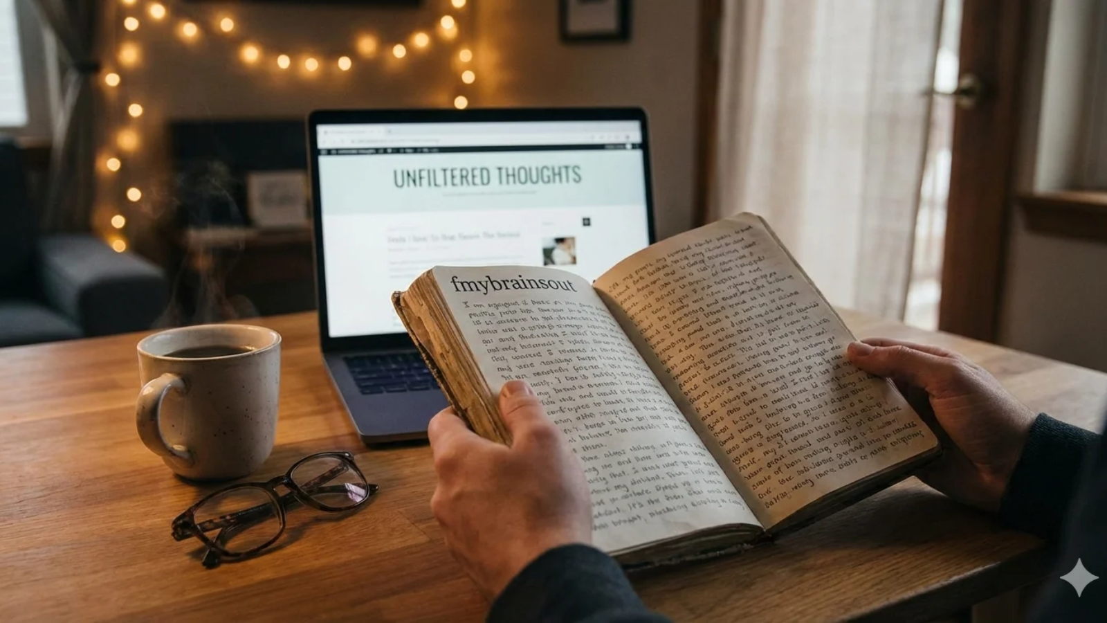 Person sitting at a laptop late at night, thoughtfully writing a blog post in a cozy workspace, symbolizing the authentic and reflective voice of fmybrainsout.