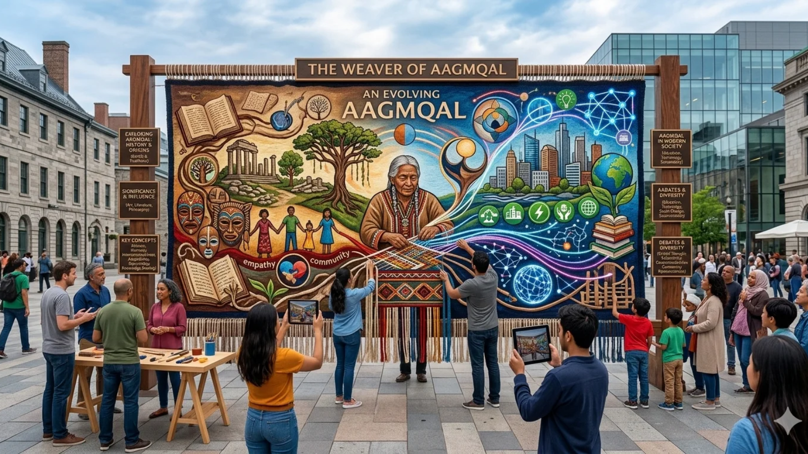 Illustration representing the concept of Aagmqal with cultural and historical symbols.