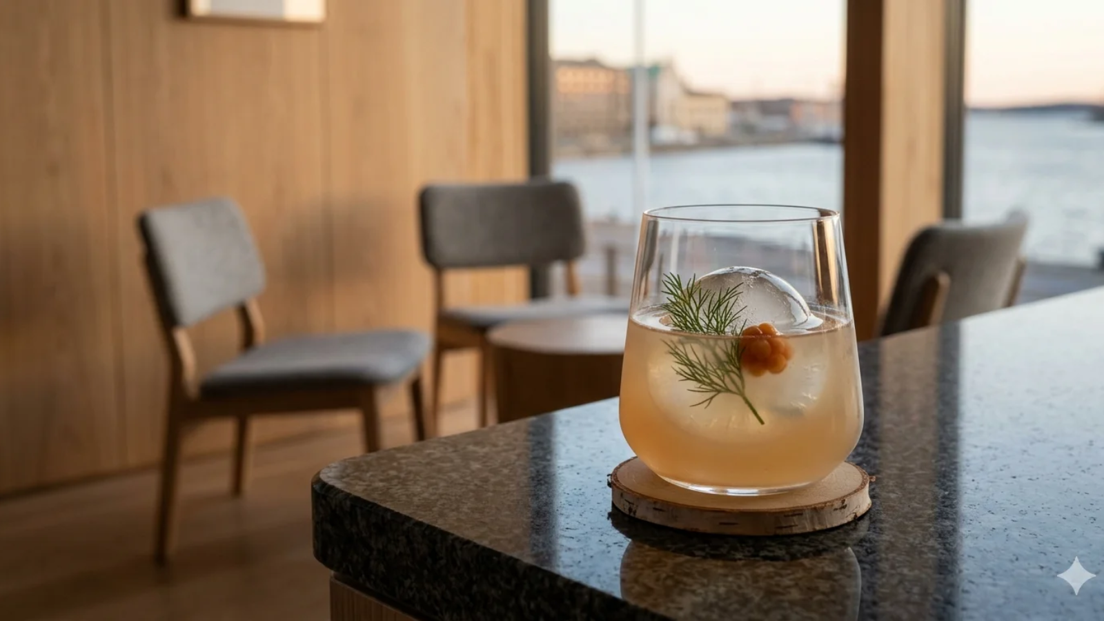 Gemini said A minimalist, clear glass cocktail sits on a natural birch wood coaster atop a dark stone bar. The drink is a pale, translucent amber, containing a large spherical ice mold garnished simply with a single sprig of fresh dill and a small orange cloudberry. The background features a serene, Nordic-style lounge with light wood walls and soft grey seating, overlooking a calm waterfront at dusk. The overall atmosphere is refined, quiet, and intentional.