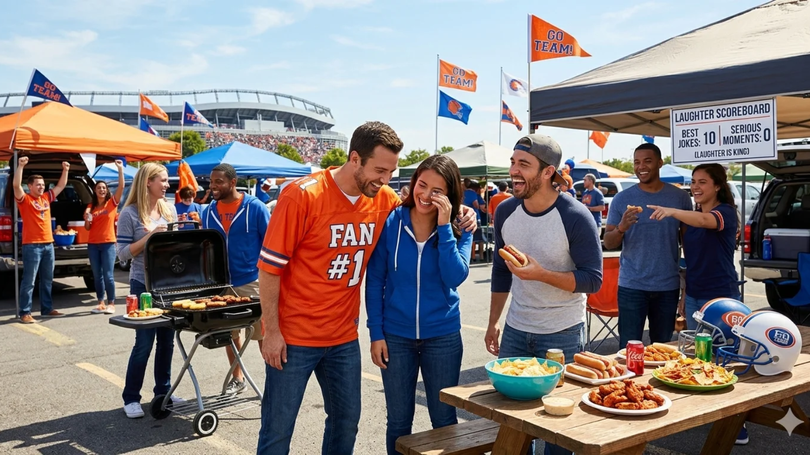 A vibrant, sunny outdoor tailgate party in a stadium parking lot filled with football fans. In the center, a group of diverse friends are doubled over in laughter while sharing snacks like hot dogs and wings. A man in an orange 'FAN #1' jersey has his arm around a friend as they laugh at a joke. In the background, a grill sizzles under an orange tent, and a playful 'Laughter Scoreboard' sign hanging from a canopy reads: 'Best Jokes: 10, Serious Moments: 0 (Laughter is King).