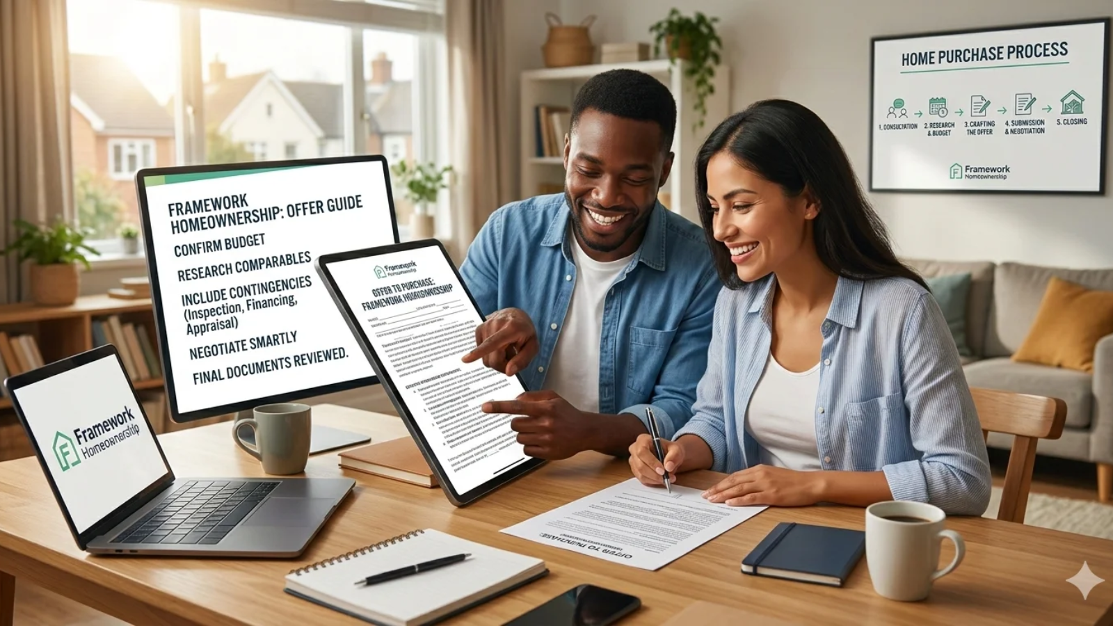 Homebuyer reviewing documents with Framework Homeownership guidance during the home buying process.