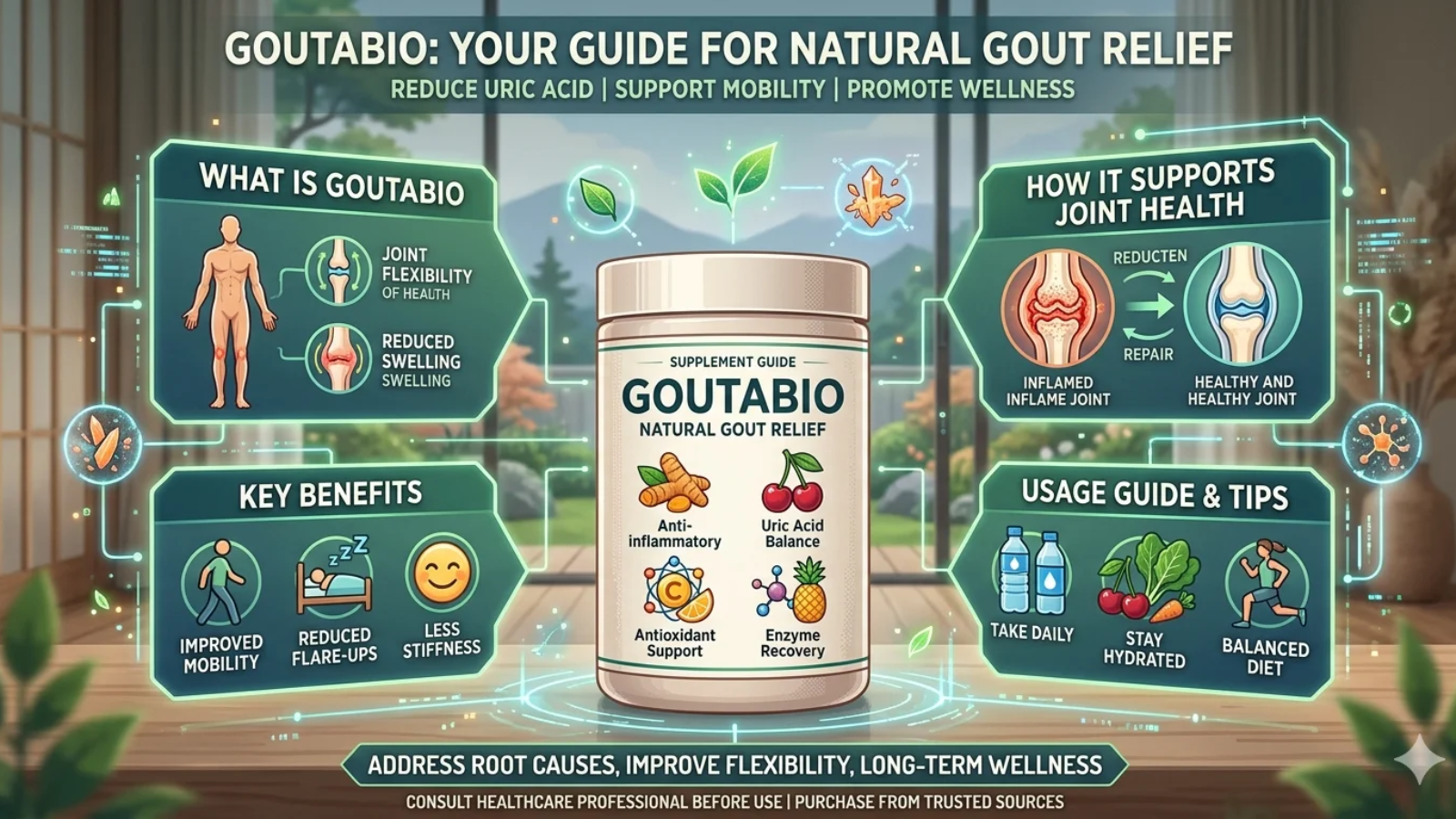 An informative infographic titled "Goutabio: Your Guide for Natural Gout Relief" displayed on a wooden table with a serene outdoor background. The central focus is a supplement bottle labeled "Goutabio" featuring icons of its key natural components: Turmeric (Anti-inflammatory), Cherries (Uric Acid Balance), Orange/Vitamin C (Antioxidant Support), and Pineapple (Enzyme Recovery). The image is divided into four main sections: What is Goutabio: Shows diagrams of a human figure and joints, highlighting joint flexibility and reduced swelling. Key Benefits: Includes icons for improved mobility, reduced flare-ups, and less stiffness. How it Supports Joint Health: A comparison diagram showing the transition from an "Inflamed Joint" to a "Healthy Joint" through a repair process. Usage Guide & Tips: Visual icons recommending daily intake, staying hydrated with water, a balanced diet (fruits and vegetables), and exercise. The bottom of the image includes a disclaimer to consult a healthcare professional and to purchase from trusted sources.