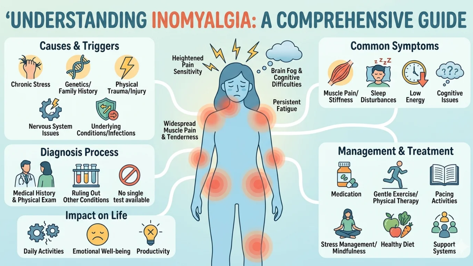 Gemini said An informative infographic titled "Understanding Inomyalgia: A Comprehensive Guide." The central image features a stylized human figure with glowing red circles on the neck, shoulders, elbows, hips, and knees to indicate widespread muscle pain and tenderness. Surrounding the figure are several categorized sections: Causes & Triggers: Icons representing chronic stress, genetics, physical trauma, nervous system issues, and underlying infections. Common Symptoms: Illustrations for muscle stiffness, sleep disturbances (a person in bed), low energy (a clock with a downward arrow), and cognitive issues/brain fog (represented by a cloud over the head). Diagnosis Process: Icons showing a medical exam, laboratory tubes for ruling out other conditions, and a "no" symbol over a single test, indicating no standalone diagnostic exists. Management & Treatment: Visuals for medication, a person running for physical therapy, a book for pacing activities, mindfulness, healthy food (apple and broccoli), and a group of people for support systems. Impact on Life: Small icons showing how the condition affects daily activities, emotional well-being (a sad face), and productivity.
