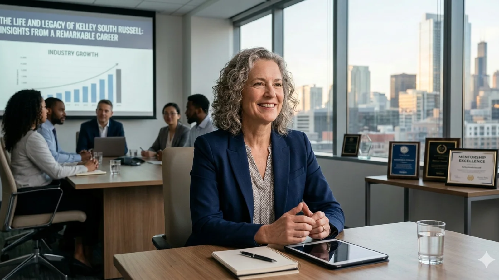 A candid photograph of Kelley South Russell, a distinguished woman in her late 50s with shoulder-length, curly gray hair and a warm, genuine smile. She is wearing a professional navy blue blazer and looking to the left, with her hands clasped on a wooden boardroom table. On the wall behind her, a large projection screen displays text reading "THE LIFE AND LEGACY OF KELLEY SOUTH RUSSELL: INSIGHTS FROM A REMARKABLE CAREER," and a chart showing a positive upward trend of "INDUSTRY GROWTH." Below the screen, several framed awards are visible, including one prominently featuring the text "MENTORSHIP EXCELLENCE." In the blurred background, several other diverse professionals are visible around the table, engaged in a discussion, suggesting an active mentorship session or board meeting. The scene is sunlit from large windows looking out onto a modern city skyline.