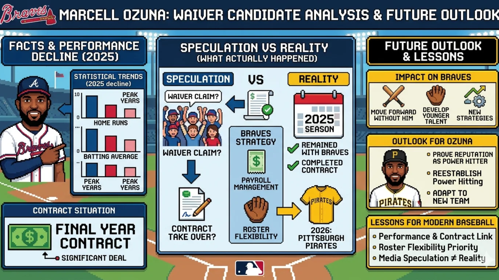 I've generated a high-quality sports infographic rendered in a distinct 'short pixel' or pixel art illustration style to analyze Marcell Ozuna's waiver candidate situation. The image is structured with clear panels that align with the article's sections: Facts & Performance Decline (2025): Detailed pixel charts show the decline from peak performance, next to a portrait of Ozuna in a Braves jersey and a "Contract Situation" callout. Speculation vs Reality (What Actually Happened): A central infographic contrasts the public speculation about a waiver claim with the actual outcome: Ozuna stayed with the Braves, completed his contract, and eventually signed with the Pittsburgh Pirates in 2026. Future Outlook & Lessons: The right side uses black and gold for the Pirates colors, including a pixel portrait of Ozuna in a Pirates uniform. Panels cover the 'Impact on Braves' without him, the 'Outlook for Ozuna' in his new role, and broader 'Lessons for Modern Baseball' derived from this situation. The pixel art style is used consistently throughout, maintaining a vibrant and clean infographic look while fulfilling your request for a pixelated aesthetic.