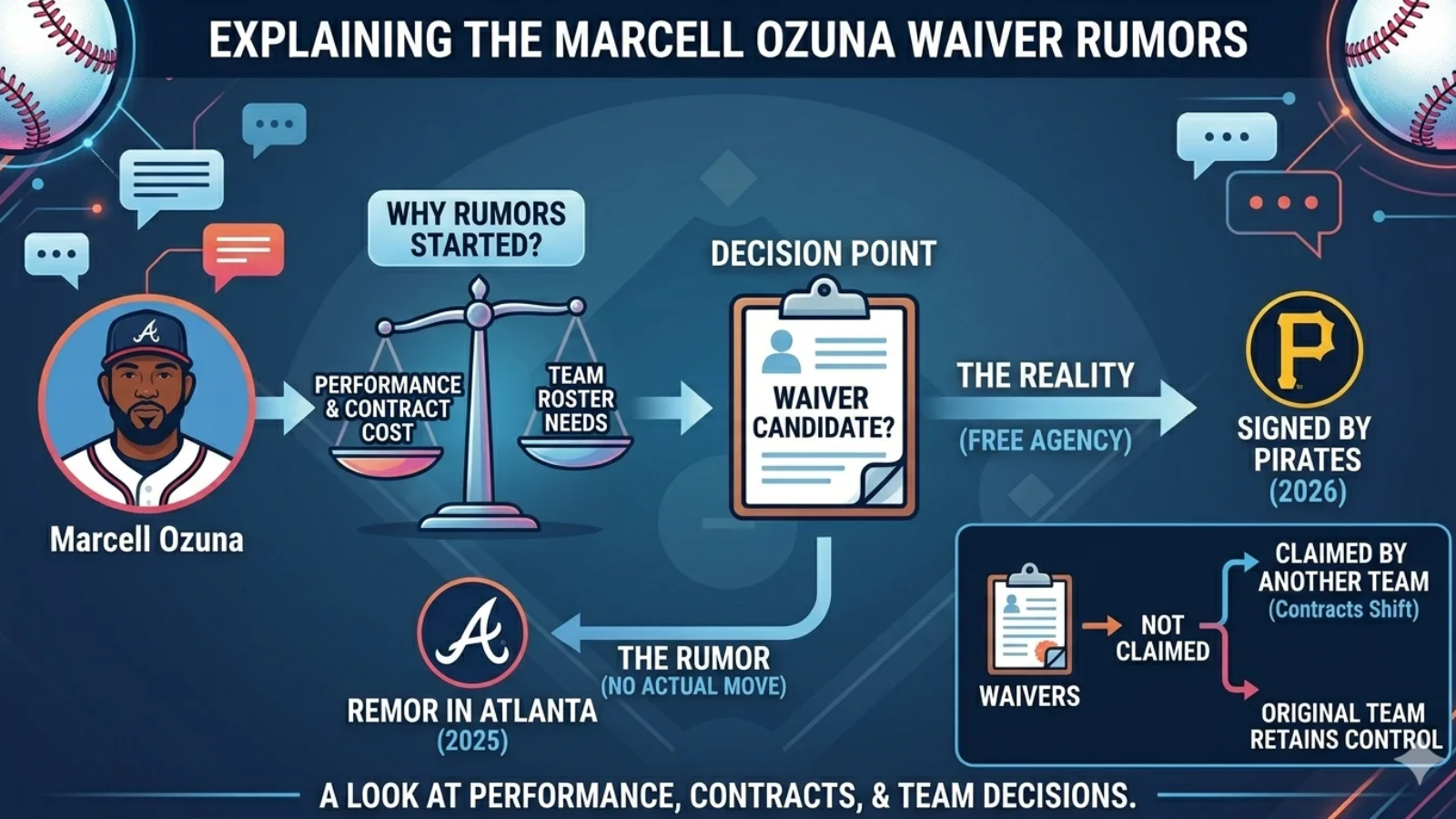 A colorful infographic explaining MLB waiver rumors related to Marcell Ozuna, set against a background showing a baseball diamond and baseballs. On the left is a portrait of Ozuna with text identifying him as an Atlanta Braves player. Arrows and a balance scale illustrate the considerations for placing a player on waivers, like balancing his contract cost versus the team’s roster needs. The scale points to a decision clipboard asking, “Waiver candidate?” An arrow from the clipboard labeled “The reality” moves to a Pittsburgh Pirates logo on the right, which indicates he was eventually signed by them as a free agent in 2026. A secondary path moves to the bottom, showing that the waiver idea was a "rumor." A final section explains that when a player goes on waivers, they can be claimed by another team, leading to a contract shift, or remain with the original team if not claimed.