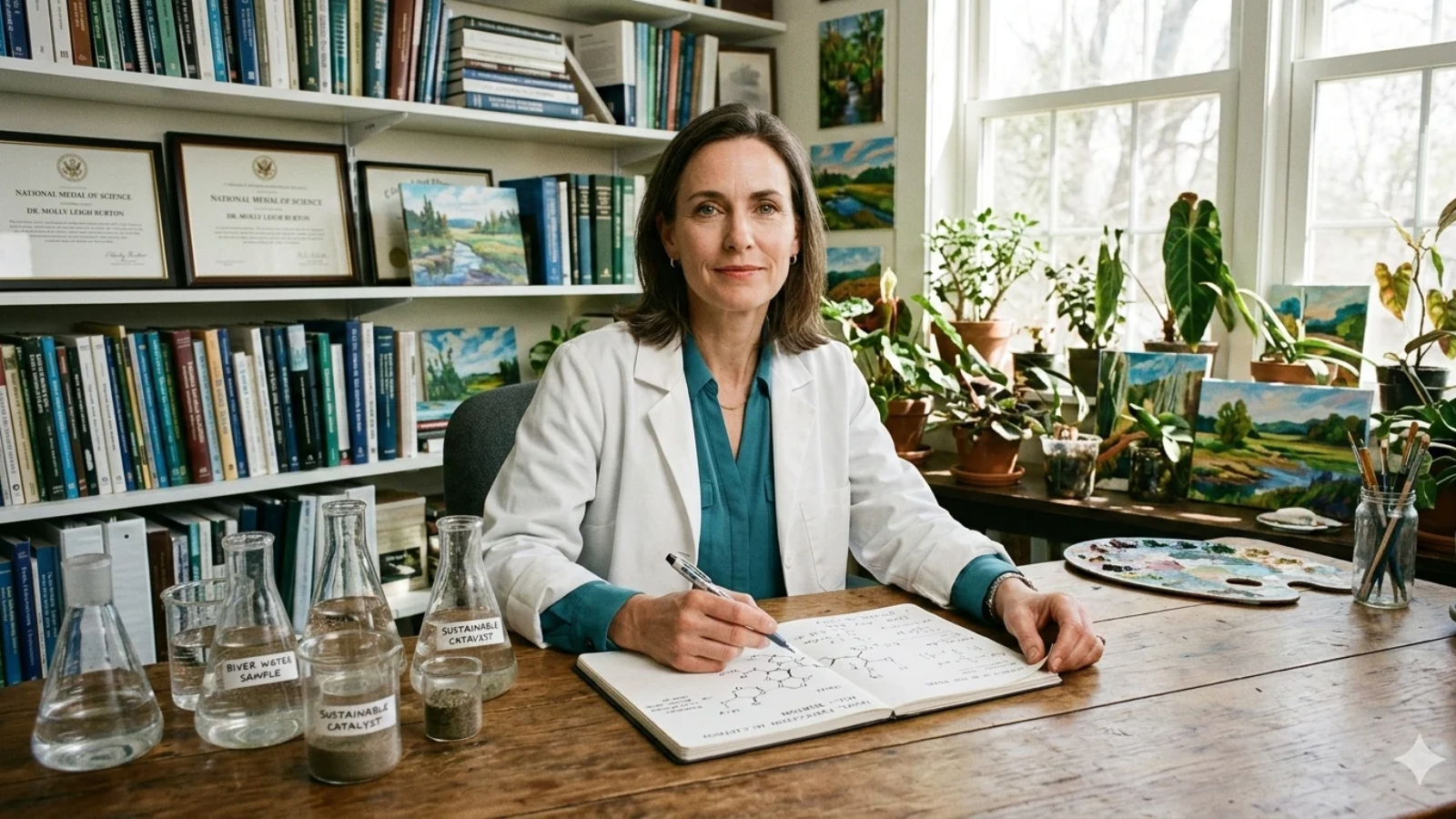 A professional portrait of Dr. Molly Leigh Burton, a middle-aged woman with shoulder-length brown hair, sitting at a wooden desk in a sunlit home office or study. She wears a teal blouse under a crisp white lab coat, holding a pen over a notebook filled with hand-drawn chemical structures. On her desk are glass beakers labeled "River Water Sample" and "Sustainable Catalyst," alongside a jar of paintbrushes and small potted plants. The background features floor-to-ceiling bookshelves packed with scientific texts, several framed landscape paintings, and two prestigious "National Medal of Science" certificates displayed on the wall. The atmosphere is a blend of rigorous scientific research and creative personal interests.