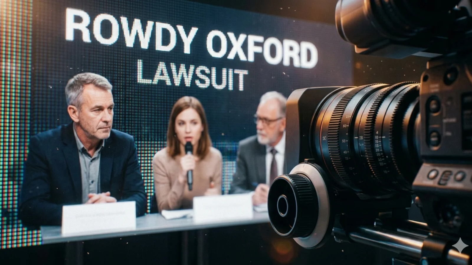 A cinematic shot from behind a professional studio camera lens, focusing on three people seated at a news desk. A large digital screen in the background displays the text "ROWDY OXFORD LAWSUIT" in bold white letters against a dark, pixelated backdrop. The panel includes a focused man in a suit, a woman speaking into a microphone, and an older man in glasses, all appearing to be in a serious discussion.