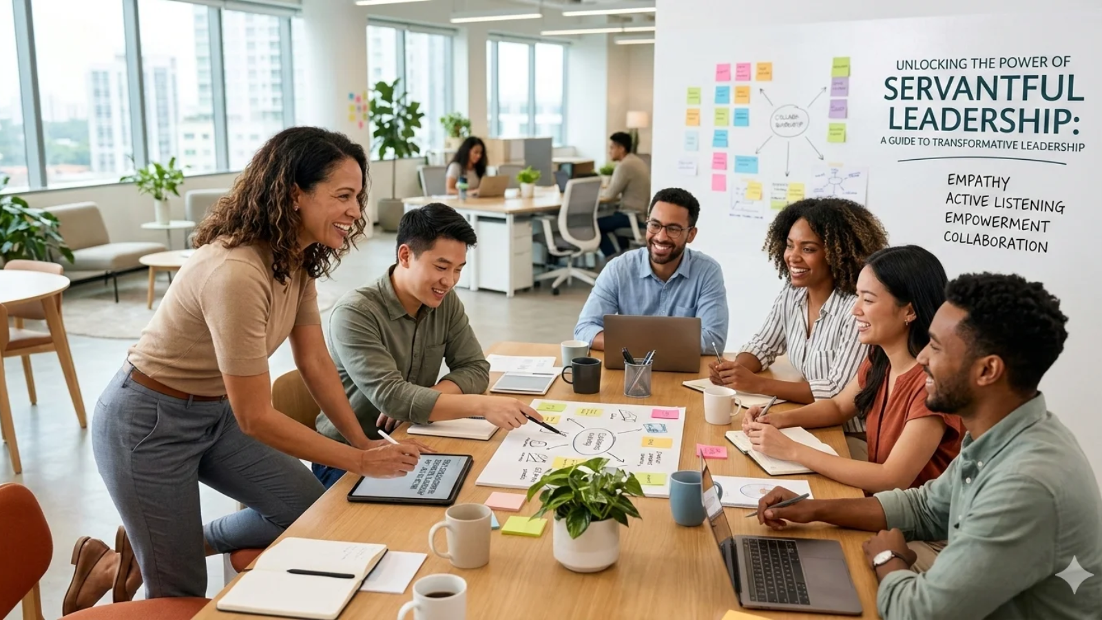 Servantful leadership concept showing a leader supporting and empowering team members in a collaborative workplace.