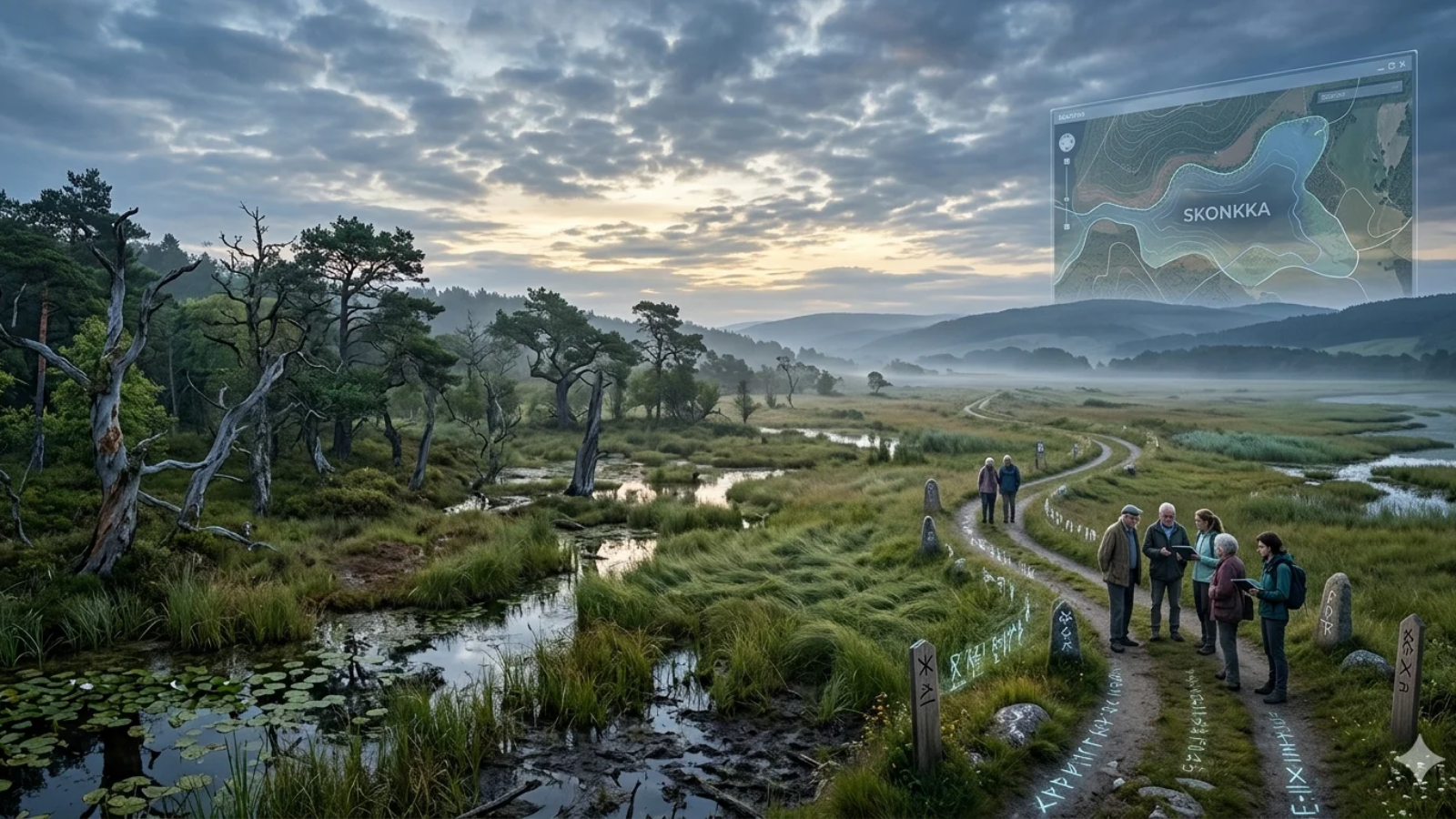 Skonkka landscape showing a misty transitional terrain with wetlands, shrubs, and rocky ground blending nature and cultural heritage