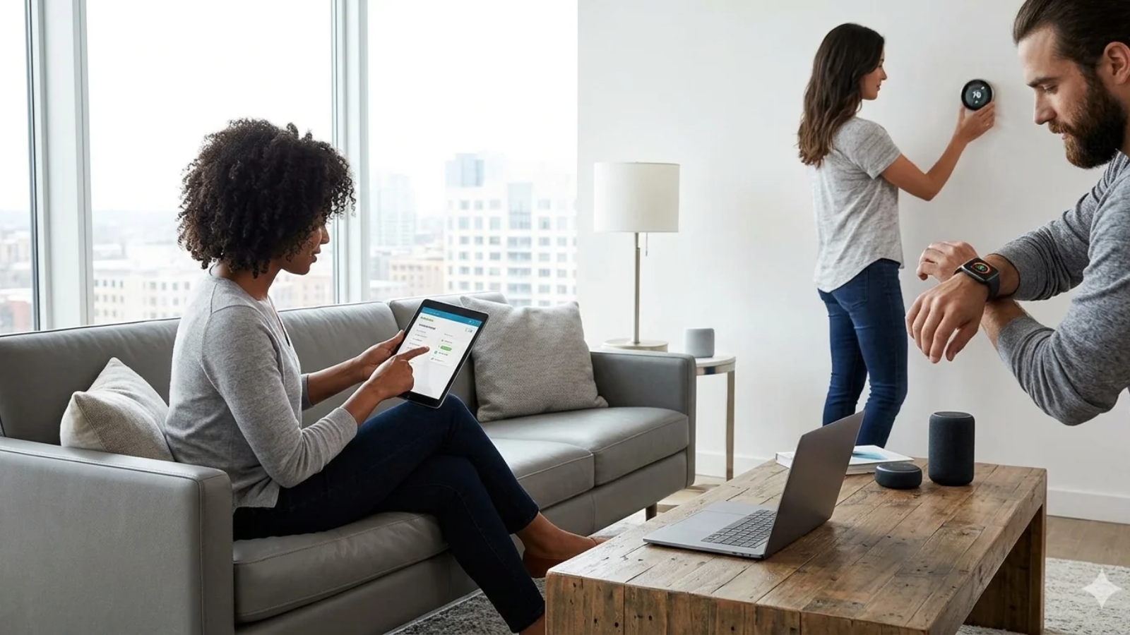 An image showing a diverse group of people in a modern, sunlit apartment using various high-tech gadgets. In the foreground, a woman on a grey sofa uses a tablet. A laptop and a smart speaker sit on a wooden coffee table nearby. In the background, a man checks his smartwatch while another woman adjusts a smart thermostat on the wall. Large windows offer a view of a city skyline, illustrating a lifestyle integrated with the latest technology.