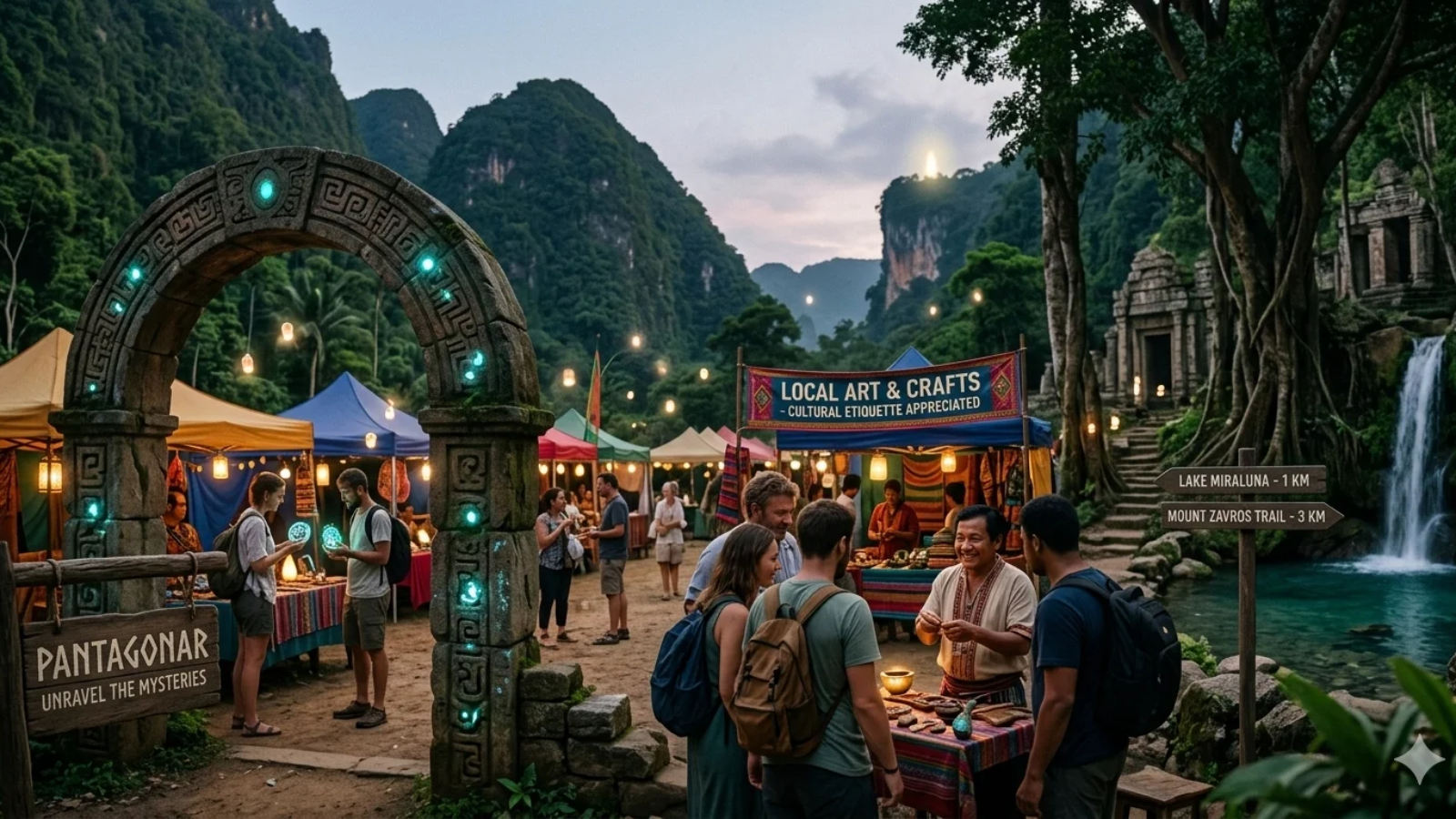 A vibrant outdoor festival scene titled "Spaietacle" set in a lush forest. People walk through a large, walk-through art installation made of woven branches and colorful fabrics. In the background, a small wooden stage features two musicians playing acoustic guitars for a seated audience, while others participate in an outdoor painting workshop.