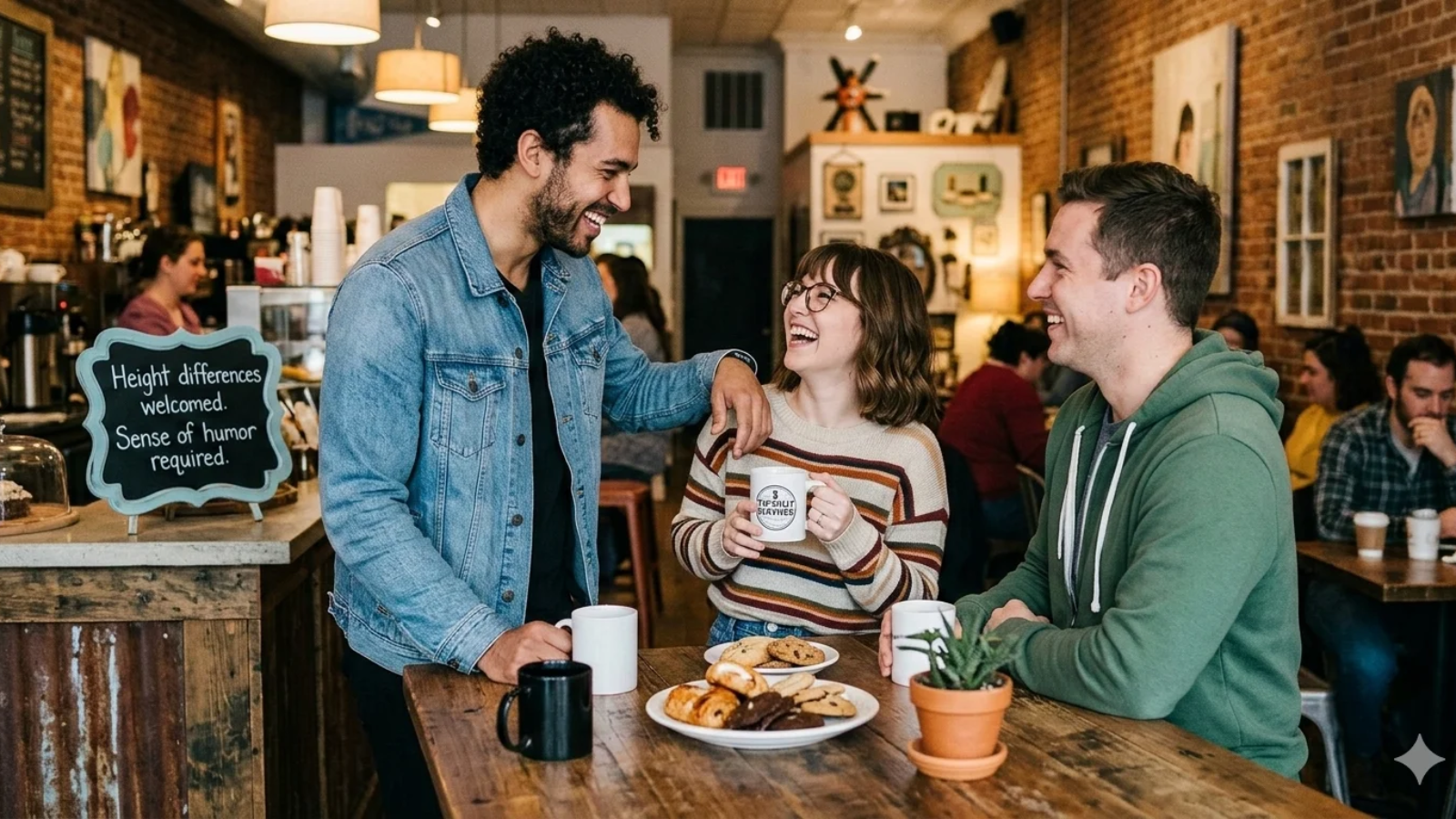 A warm, candid scene in a cozy brick-walled coffee shop where three friends of varying heights are laughing together. A tall man in a denim jacket leans casually against a high table, smiling down at a shorter woman with glasses holding a mug. Beside them, a man in a green hoodie joins the conversation. A chalkboard sign in the background playfully reads: 'Height differences welcomed. Sense of humor required.